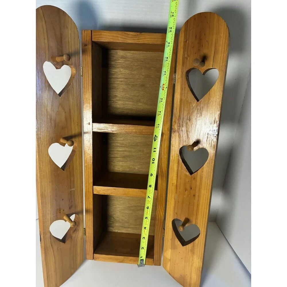 VTG 3 Tier Wall Shelf Cabinet Solid Wood Heart Cut-Out w/ Doors Pegs Farmhouse